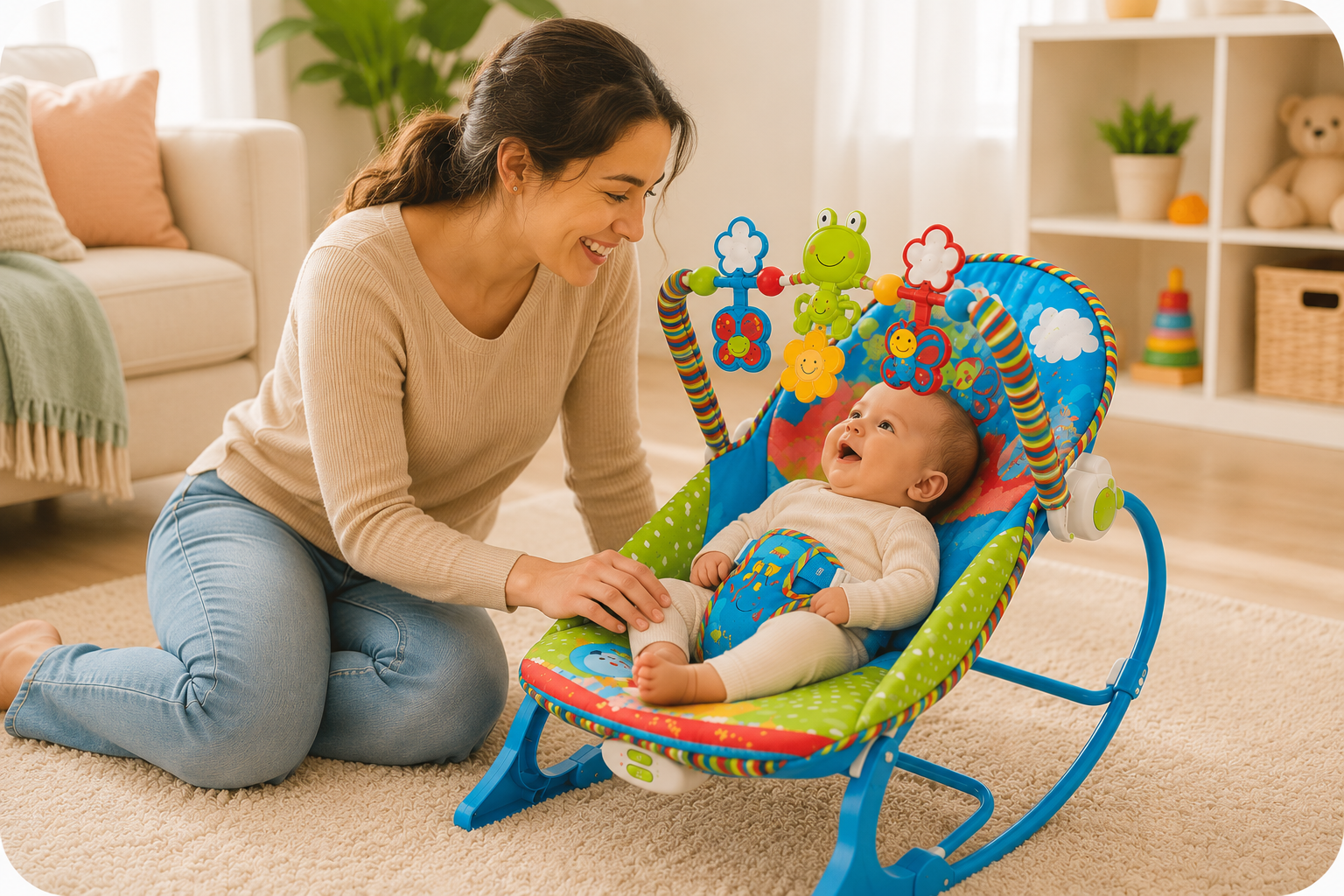 Mamá feliz con su bebé en la silla mecedora minimundo