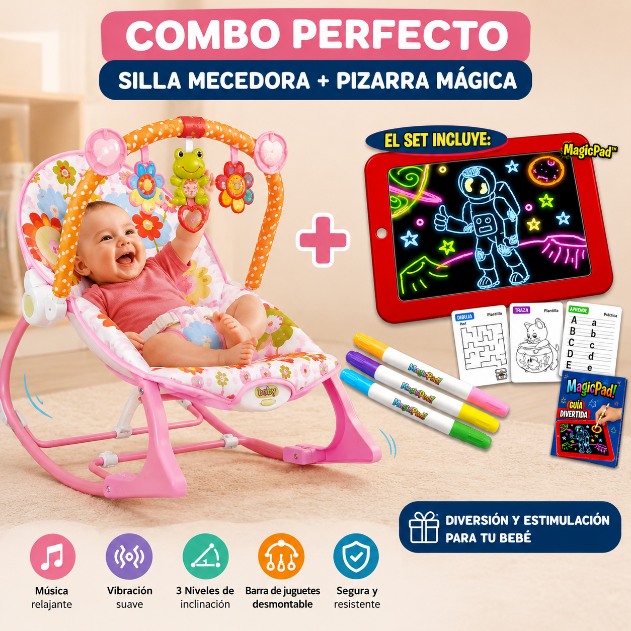 Bebé sonriendo en silla mecedora con música y vibración